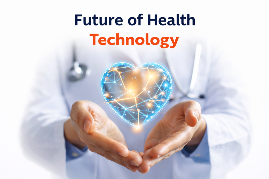 Future of health technology 2026 showing AI digital heart in medical innovation