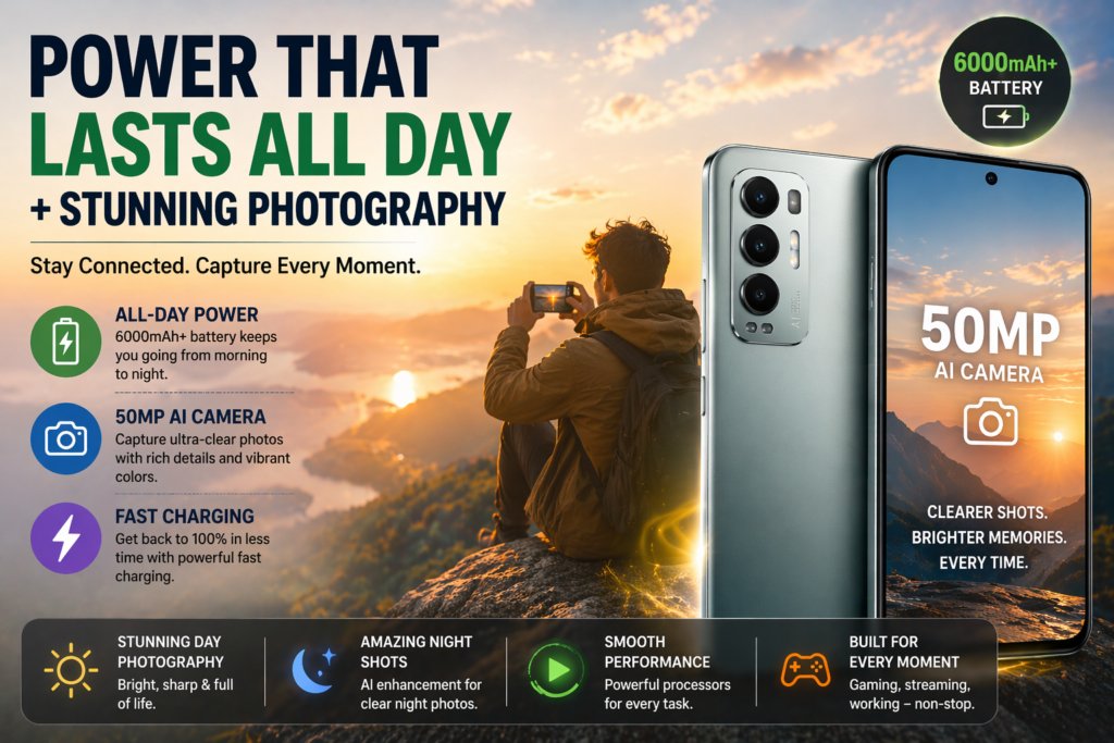 Smartphone with all-day battery life and 50MP AI camera capturing moments
