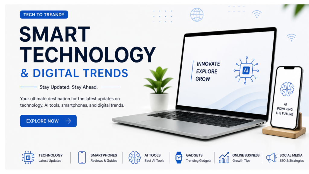 Smart technology and digital trends with AI tools, smartphones, and modern gadgets