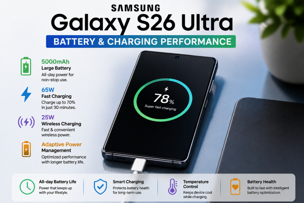 Samsung Galaxy S26 Ultra battery life and charging performance with fast charging and long-lasting battery.