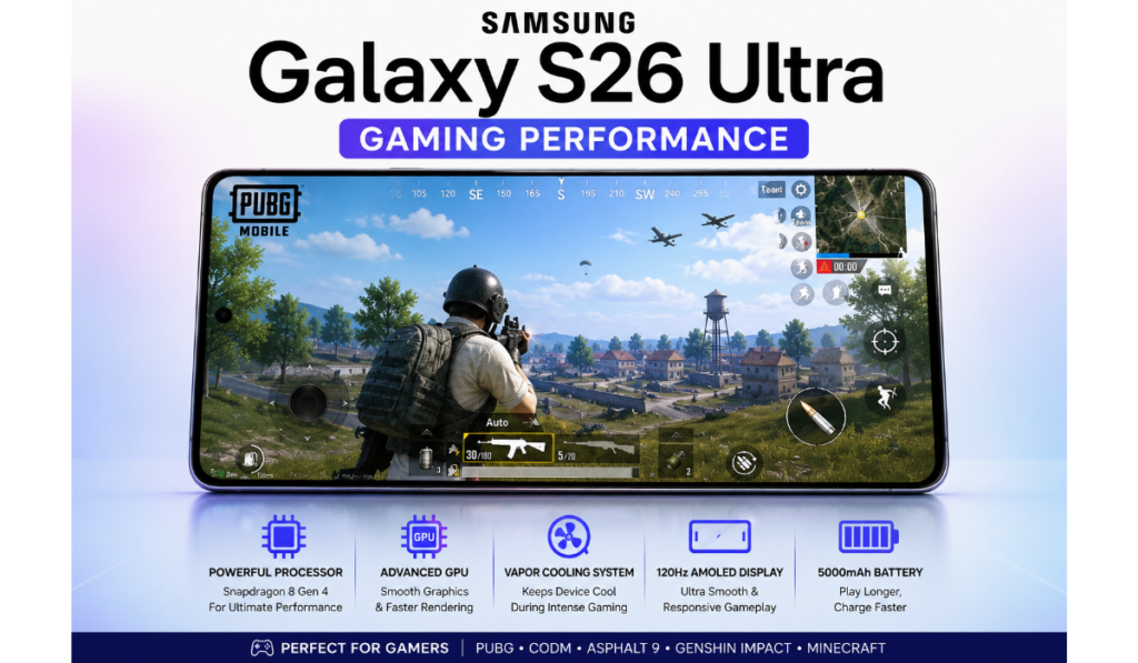 Samsung Galaxy S26 Ultra gaming performance with high graphics mobile gameplay on a smooth AMOLED display.